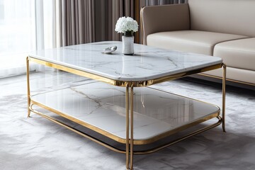 White marble coffee table with golden metal X-shaped legs, two storage shelves, fine details, cinematic lighting, high-resolution isolated stock photo on plain background.