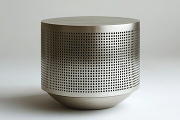 Cylindrical silver metal side table with fine dot texture, circular tabletop, round edges, monochrome design, front view on white background, high-resolution product design style.