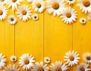 Obraz premium Spring composition. White and yellow daisy flowers on yellow wooden tabletop background