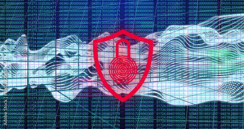 Poster animated grid sparking shield glowing green switching red while waves streaming showing security