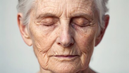 An elderly woman with closed eyes, displaying deep wrinkles and a serene expression against a neutral background.