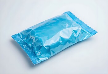 A shiny blue plastic sealed package, neatly folded and placed on a clean white surface, highlighting its smooth texture and vibrant color.
