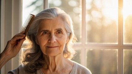 An elderly woman combs her hair by a sunlit window, exuding warmth and tranquility in her serene expression.