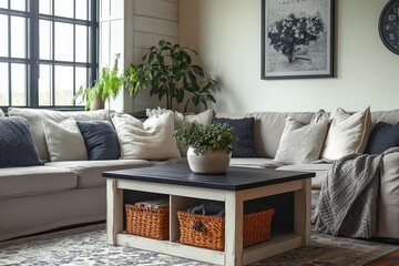 Large square white and black farmhouse wood coffee table with storage, black tabletop, placed in living room with grey sofa, combining rustic charm and practical design.