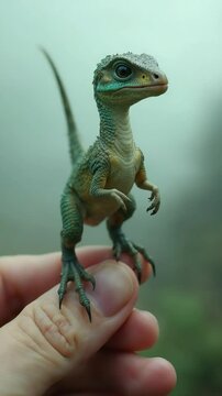 A captivating miniature scaly creature with vibrant colors delicately balances on a human hand.