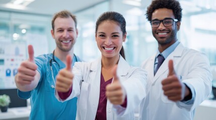 The healthcare team celebrating success with thumbs up in a modern clinic environment.
