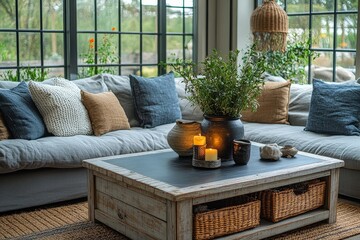 Large square white and black farmhouse wood coffee table with storage, black tabletop, placed in living room with grey sofa, combining rustic charm and practical design.