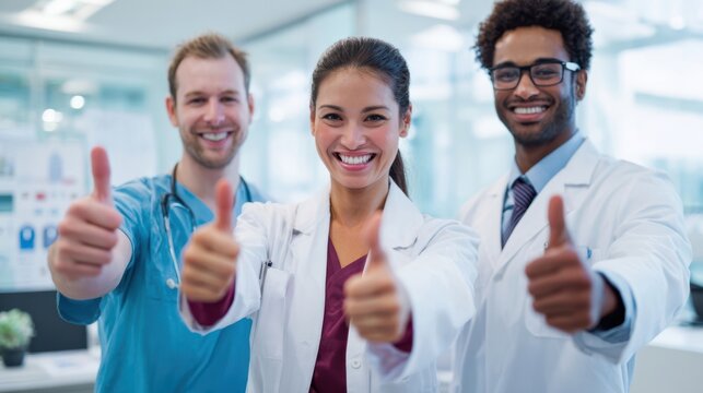 The healthcare team celebrating success with thumbs up in a modern clinic environment.