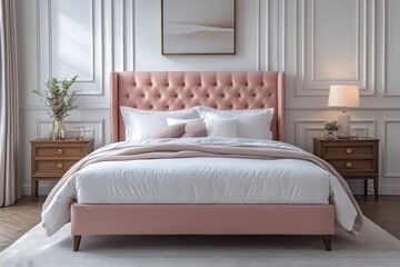 Light pink and cream fabric bed with elegant headboard, flanked by nightstands, in white room with soft lighting and minimalist artwork, showcasing plush luxurious texture and modern comfort.