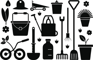 Obraz premium Black and white silhouette illustration of various gardening tools and plants