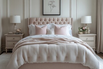 Light pink and cream fabric bed with elegant headboard, flanked by nightstands, in white room with soft lighting and minimalist artwork, showcasing plush luxurious texture and modern comfort.
