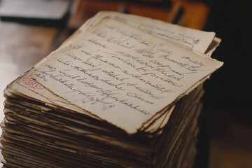 Vintage postcards, with one partially tilted to reveal its stamp and handwriting. Generative AI