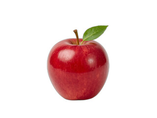 Single, vibrant red apple with a green leaf, isolated on a white background.