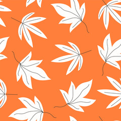 Seamless Autumn Pattern White Japanese Maple Leaves on Orange Background Flat Style