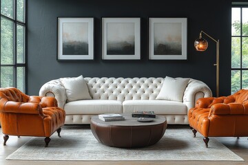 Living room with dark gray walls, white-framed artworks, cream tufted loveseat, coffee table, leather chairs, rug, sofa, armchair, and natural light from window for product photography.