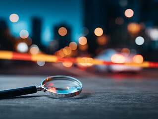 Crime scene investigation with magnifying glass, forensic evidence analysis concept, detective mystery with police tape at night 72976072 1