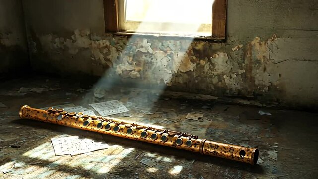 A beautifully crafted wooden flute resting on a dusty floor, illuminated by sunlight streaming through a window, surrounded by scattered sheet music and remnants of an old room