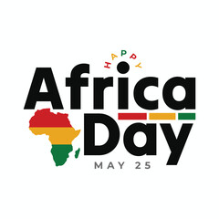 Happy Africa Day banner template design with African map silhouette and red, yellow, green flag color text. Africa Day typography greeting card, sticker, label, tag to celebrate on May 25