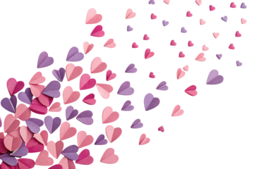 Scattered pink and purple paper hearts on a white background