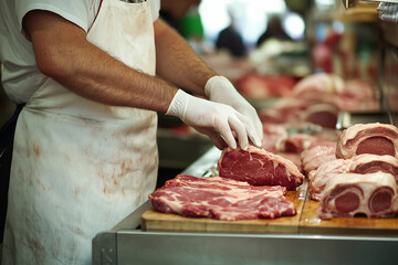Butcher slicing meat on cutting board at market, wearing white apron and gloves. Generative AI