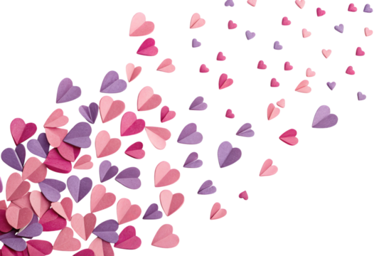 Scattered pink and purple paper hearts on a white background