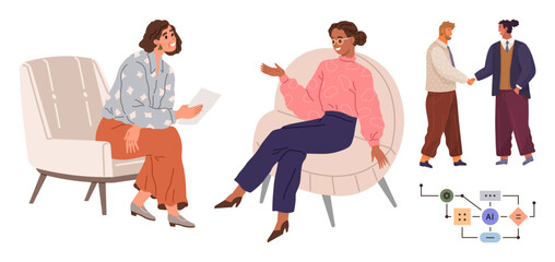 Two women discussing while seated in armchairs, two men shaking hands, and an AI workflow diagram. Ideal for teamwork, collaboration, communication, networking, negotiation technology learning. A