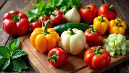 Assorted colorful vegetables arranged on wood cutting board, green, tomato, wholesome