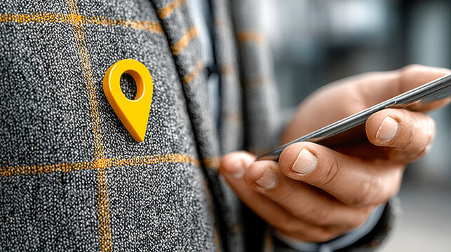Close-up of a businessman jacket with a GPS location pin icon attached, while holding a smartphone, symbolizing geolocation services