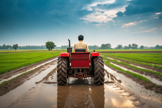 Farmer drives red tractor through flooded rice paddy fields in Southeast Asia