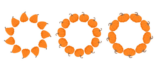 Round pumpkin frame. Autumn frame or border. For packaging, food design. Space for text. Autumn decoration in flat style.