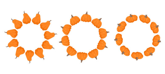 Round pumpkin frame. Autumn frame or border. For packaging, food design. Space for text. Autumn decoration in flat style. 