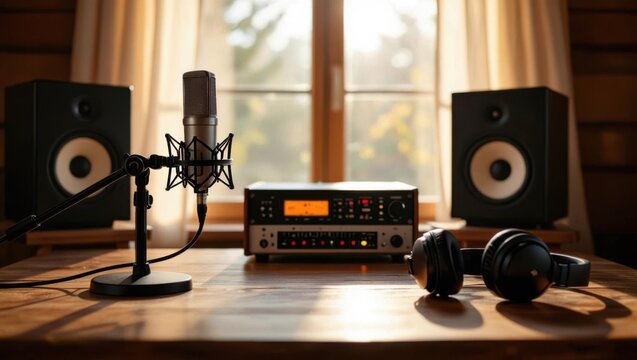 Professional podcasting setup with a condenser microphone studio monitors audio interface and headphones bathed in warm natural light