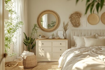 Modern cozy bedroom with two white chest dressers and oak countertops, beige and grey bed, round mirror above cabinet, soft fabric and warm lighting against cream walls.