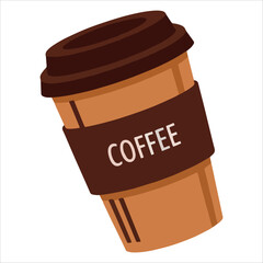 Flat style coffee cup featuring brown sleeve and lid. Simple vector graphic isolated on white, perfect for food service apps and minimalist retail branding.