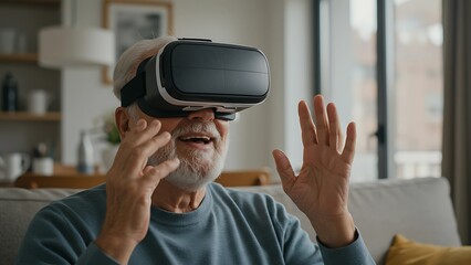 An elderly man smiles with amazement while experiencing virtual reality using a VR headset in a bright, modern living room. His expression shows joy and fascination as he explores a digital world.
