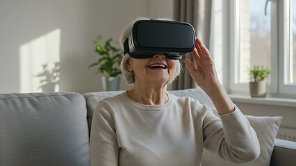 Senior woman enjoying virtual reality at home. Wearing VR headset with joyful expression, sitting on a cozy sofa in a modern living room. Embracing technology at any age.