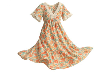 Obraz premium Bohemian style floral summer dress with lace trim, isolated on transparent background.