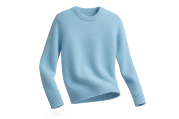 Elegant light blue crew neck sweater, isolated on a clean transparent background.