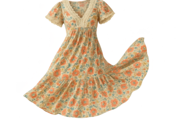 Elegant bohemian floral midi dress with lace detail, isolated on transparent background