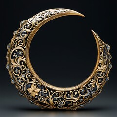 Ornate crescent moon, detailed with filigree,  gold and dark accents.  Features intricate floral and star designs.  High quality craftsmanship