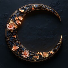 Ornate crescent moon, detailed with floral embellishments and gold detailing