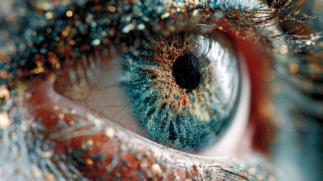 Close-up of a human eye with digital code reflections and glitter particles, symbolizing cybersecurity and data protection