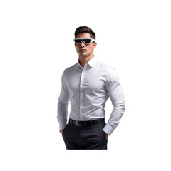 Confident Man in White Shirt Wearing Futuristic Sunglasses