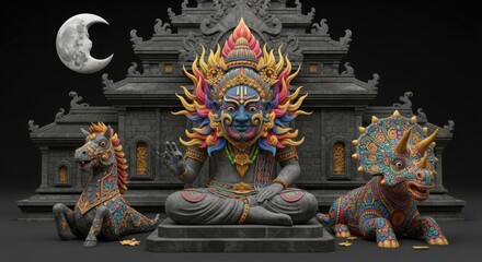 Mythological Statues and Creatures Under a Lunar Sky