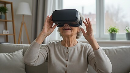Senior woman enjoying virtual reality at home. Wearing VR headset with joyful expression, sitting on a cozy sofa in a modern living room. Embracing technology at any age.