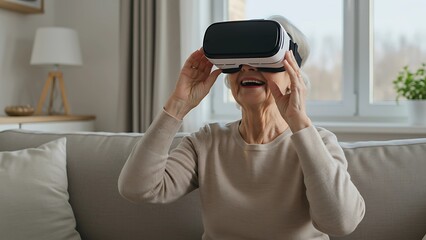 Senior woman enjoying virtual reality at home. Wearing VR headset with joyful expression, sitting on a cozy sofa in a modern living room. Embracing technology at any age.