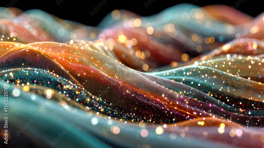 Poster a close-up of shimmering, multicolored fabric waves covered in sparkling glitter, creating a dynamic