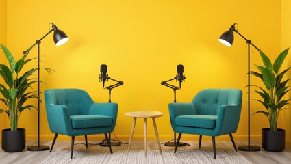 Vibrant yellow podcast studio setup with teal armchairs microphones floor lamps and lush green plants