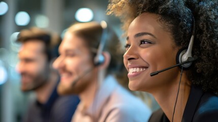 The smiling woman enhancing customer support in a busy call center environment.