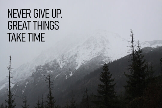 Never give up because great things take time - motivational phrase is shown using the text